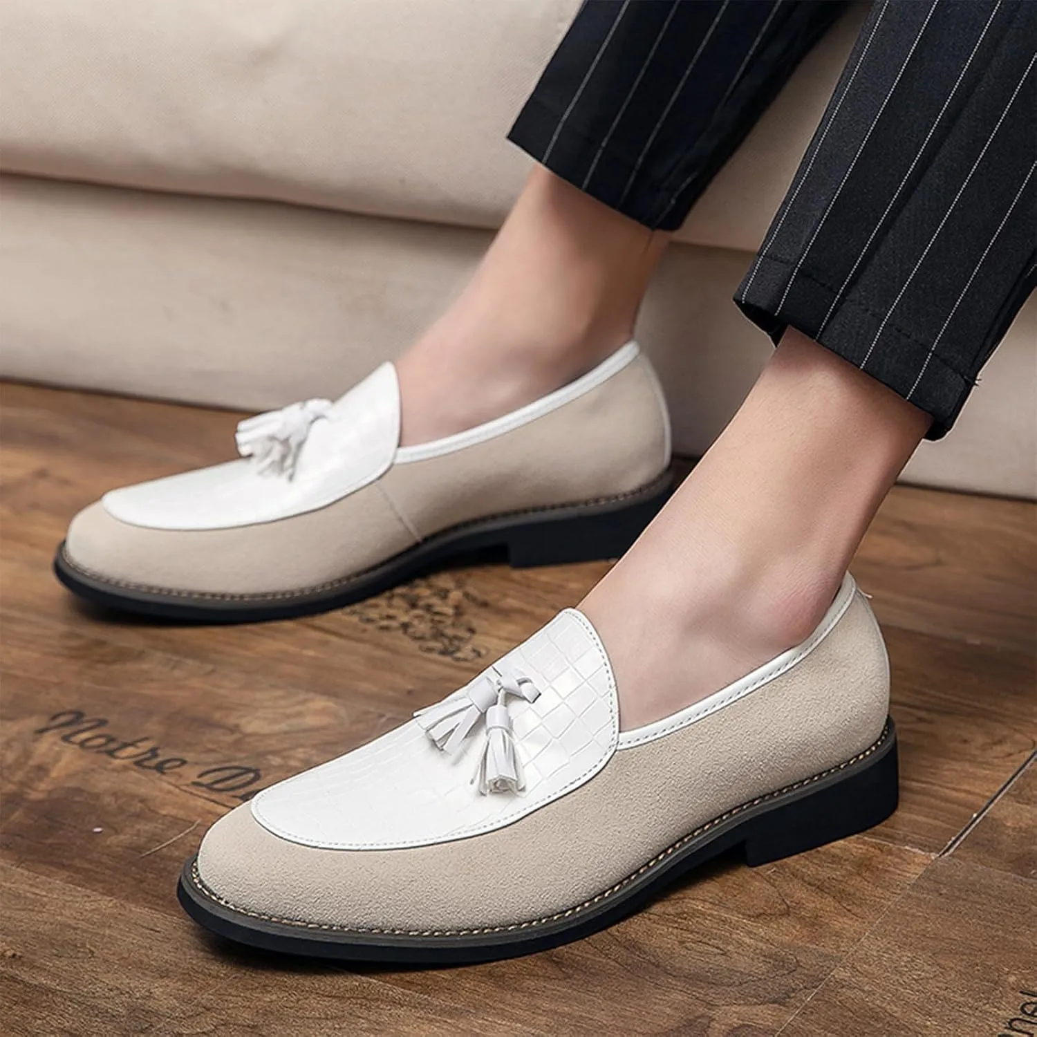Men Suede Leather Business Loafer Shoes with Tassel Decor Fashion Pattern Slip-on Round Head Low Top Non-Slip Luxury Formal Dress Shoes for Wedding Party