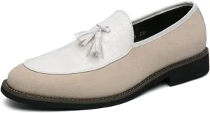 Men Suede Leather Business Loafer Shoes with Tassel Decor Fashion Pattern Slip-on Round Head Low Top Non-Slip Luxury Formal Dress Shoes for Wedding Party