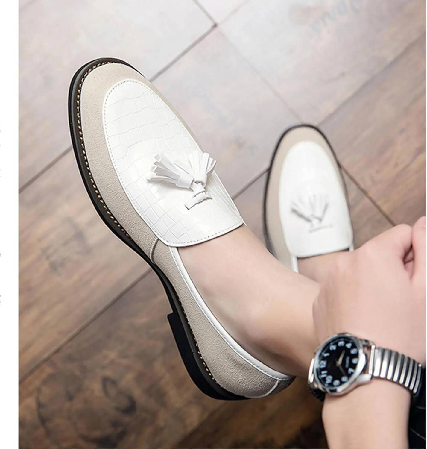 Men Suede Leather Business Loafer Shoes with Tassel Decor Fashion Pattern Slip-on Round Head Low Top Non-Slip Luxury Formal Dress Shoes for Wedding Party