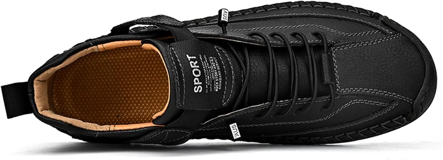 Men's Fashion Leather Sneakers Ankle Chukka Boots Slip On Lightweight Comfortable Casual Shoes Classic Mid Top Hand Stitching Loafers Walking Driving Shoes
