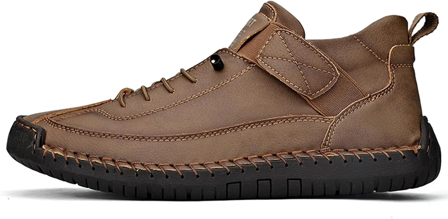 Men's Fashion Leather Sneakers Ankle Chukka Boots Slip On Lightweight Comfortable Casual Shoes Classic Mid Top Hand Stitching Loafers Walking Driving Shoes