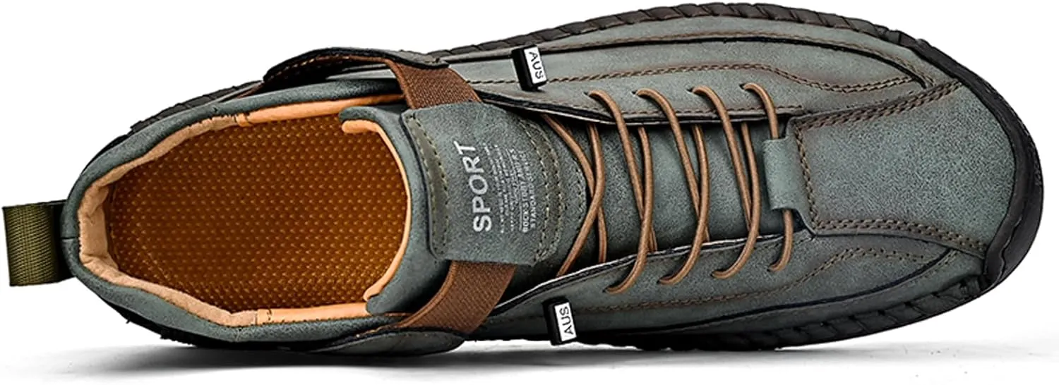 Men's Fashion Leather Sneakers Ankle Chukka Boots Slip On Lightweight Comfortable Casual Shoes Classic Mid Top Hand Stitching Loafers Walking Driving Shoes