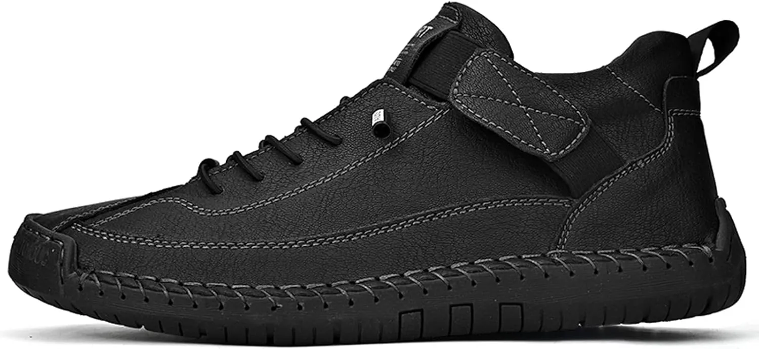 Men's Fashion Leather Sneakers Ankle Chukka Boots Slip On Lightweight Comfortable Casual Shoes Classic Mid Top Hand Stitching Loafers Walking Driving Shoes