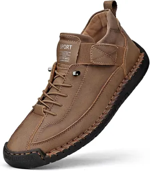 Men's Fashion Leather Sneakers Ankle Chukka Boots Slip On Lightweight Comfortable Casual Shoes Classic Mid Top Hand Stitching Loafers Walking Driving Shoes