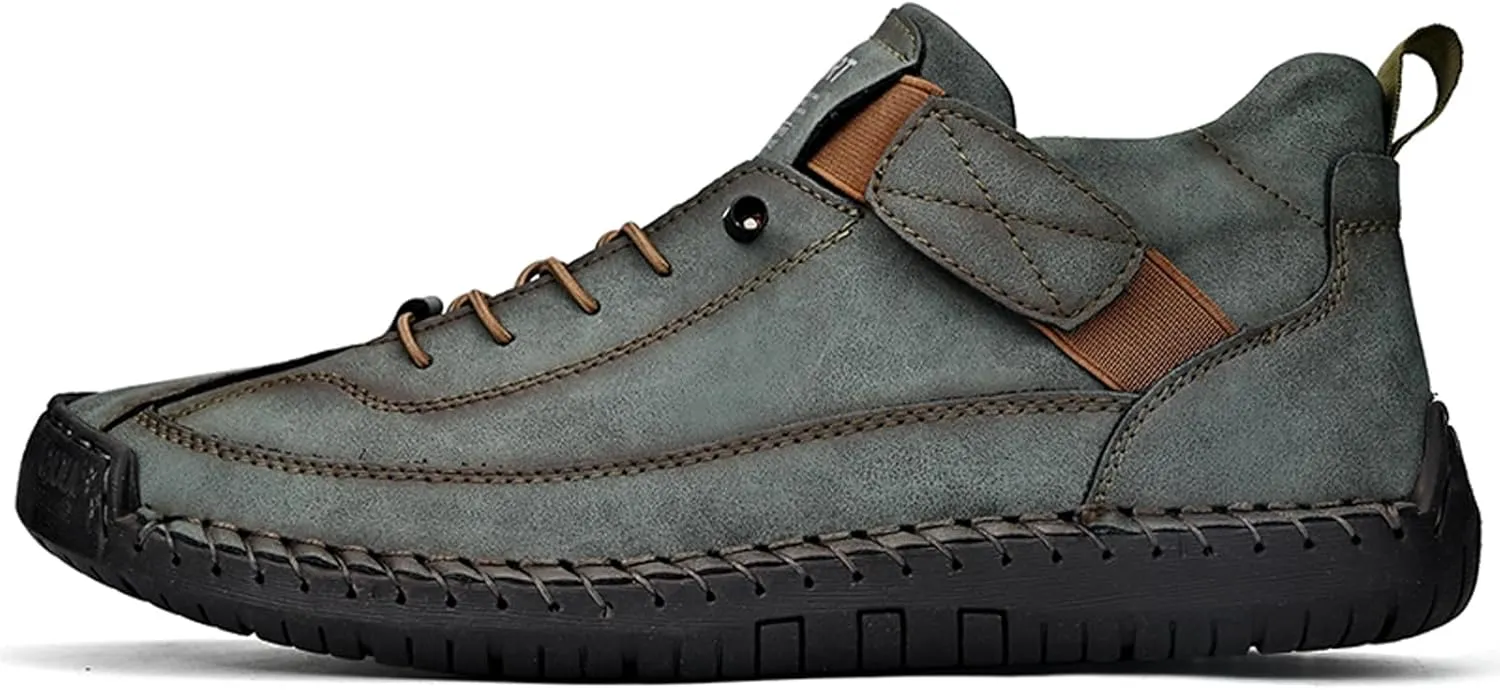 Men's Fashion Leather Sneakers Ankle Chukka Boots Slip On Lightweight Comfortable Casual Shoes Classic Mid Top Hand Stitching Loafers Walking Driving Shoes