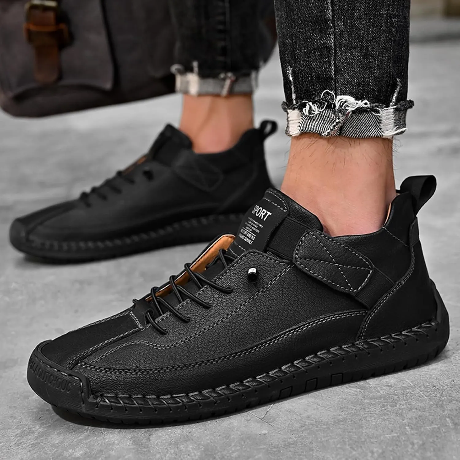 Men's Fashion Leather Sneakers Ankle Chukka Boots Slip On Lightweight Comfortable Casual Shoes Classic Mid Top Hand Stitching Loafers Walking Driving Shoes