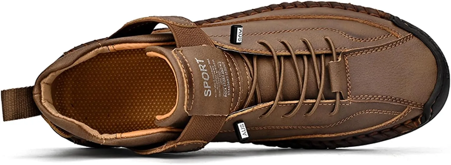 Men's Fashion Leather Sneakers Ankle Chukka Boots Slip On Lightweight Comfortable Casual Shoes Classic Mid Top Hand Stitching Loafers Walking Driving Shoes