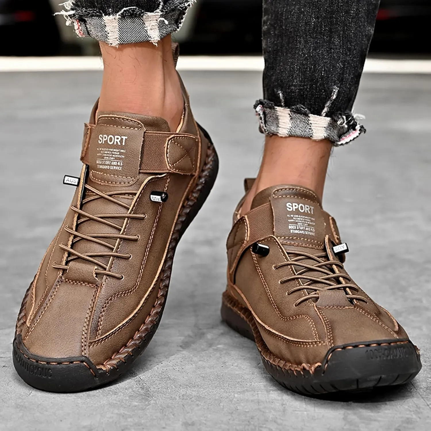 Men's Fashion Leather Sneakers Ankle Chukka Boots Slip On Lightweight Comfortable Casual Shoes Classic Mid Top Hand Stitching Loafers Walking Driving Shoes