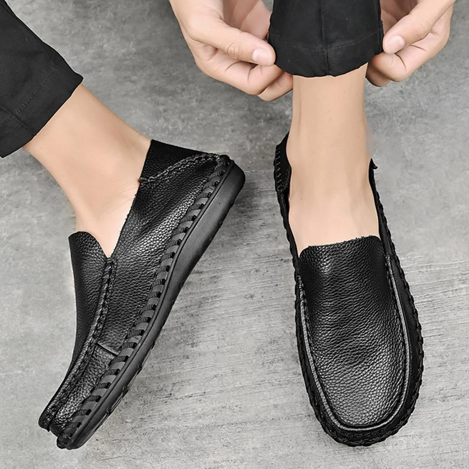 Men's Leather Hollow Flat Penny Loafers, Comfortable Round Wide Toe Soft-Soled Anti-Slip Slip-On Driving Moccasins, Work Business Walking Shoes
