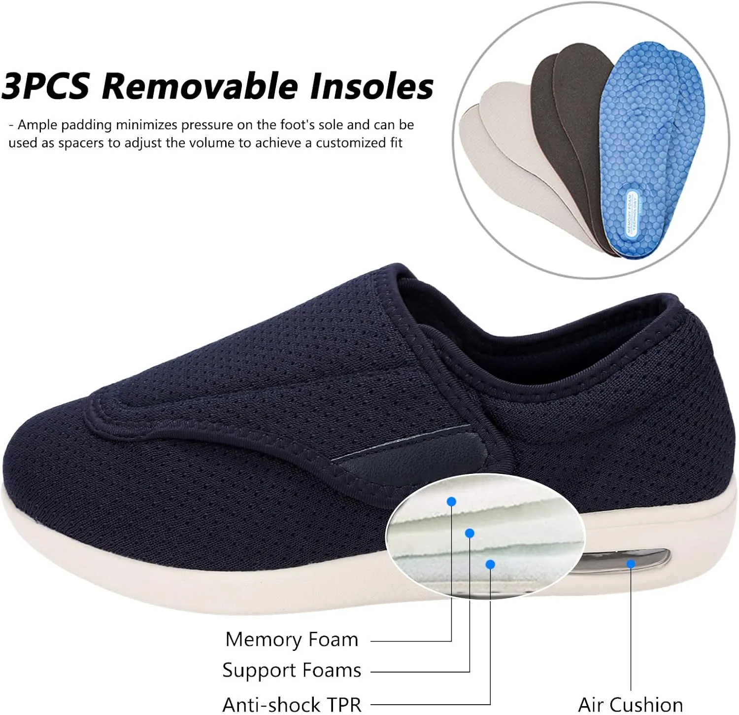 Men's Stylish Diabetic Shoes Extra Wide Width Adjustable Closure Walking Sneakers Lightweight Breathable Mesh Athletic Shoes for Elderly Swollen Feet, Diabetic & Edema