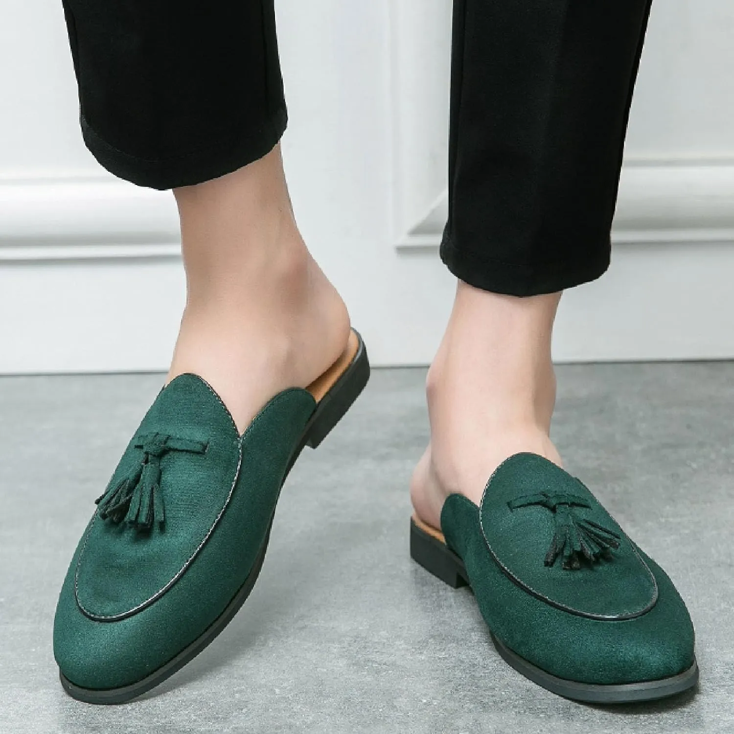 Men's Suede Tassel Flat Penny Loafers Summer Round Toe Lightweight Slip On Anti-Slip Casual Moccasin Mules for Work Party