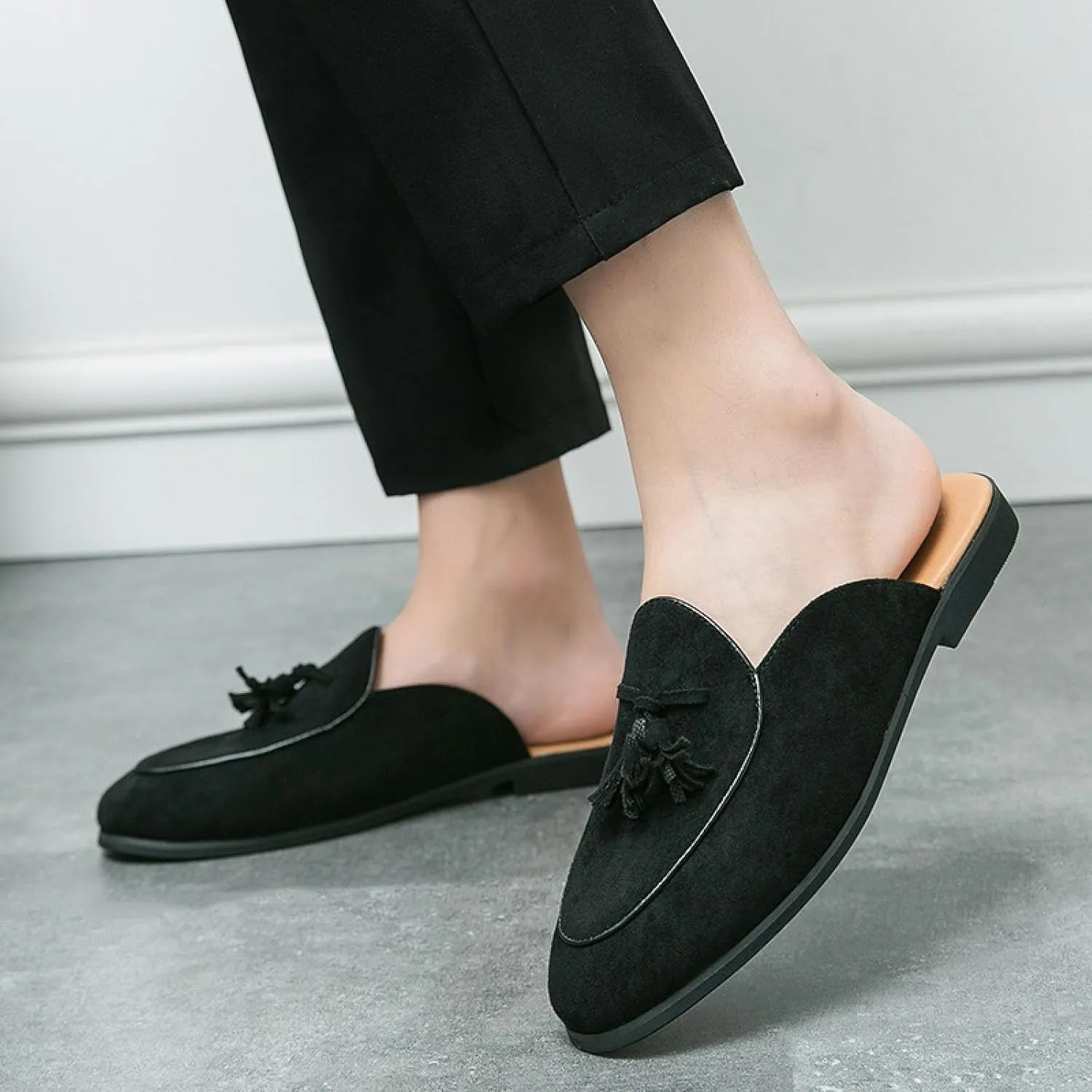 Men's Suede Tassel Flat Penny Loafers Summer Round Toe Lightweight Slip On Anti-Slip Casual Moccasin Mules for Work Party