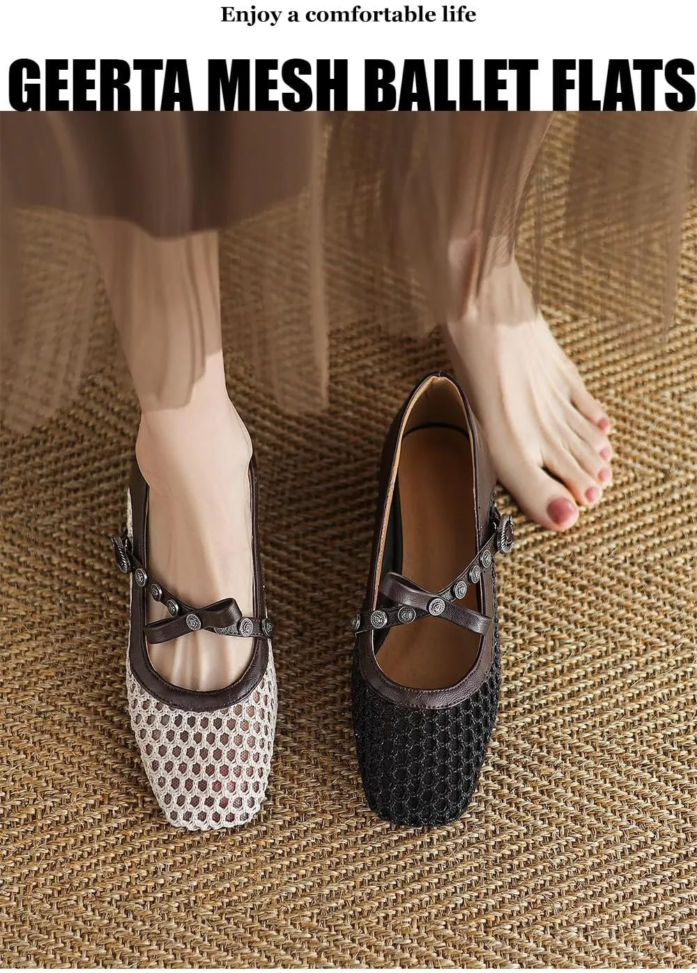 Mesh Ballet Flats for Women Mesh Mary Jane Flats Slip on Ballerina Shoes Clear Hollow Sandals No Slip Low Heel Square Toes Breathable Lightweight Bow Straps Comfort Wear Pumps Office Party Vacation