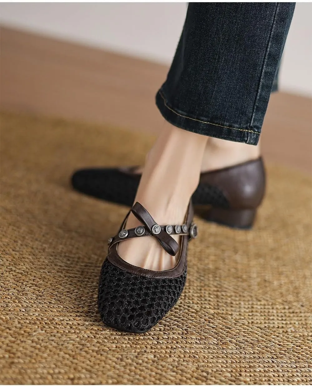 Mesh Ballet Flats for Women Mesh Mary Jane Flats Slip on Ballerina Shoes Clear Hollow Sandals No Slip Low Heel Square Toes Breathable Lightweight Bow Straps Comfort Wear Pumps Office Party Vacation