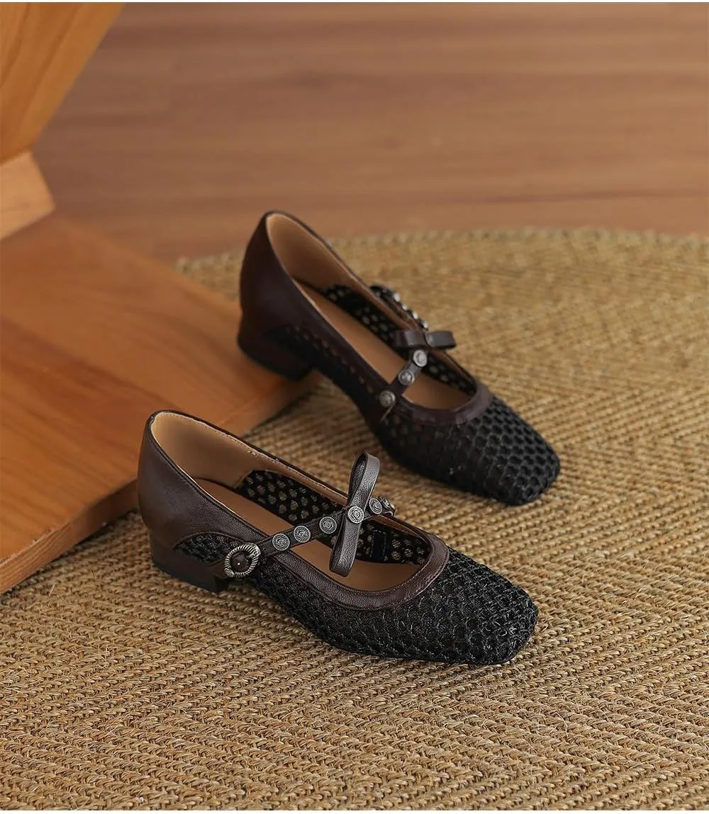 Mesh Ballet Flats for Women Mesh Mary Jane Flats Slip on Ballerina Shoes Clear Hollow Sandals No Slip Low Heel Square Toes Breathable Lightweight Bow Straps Comfort Wear Pumps Office Party Vacation