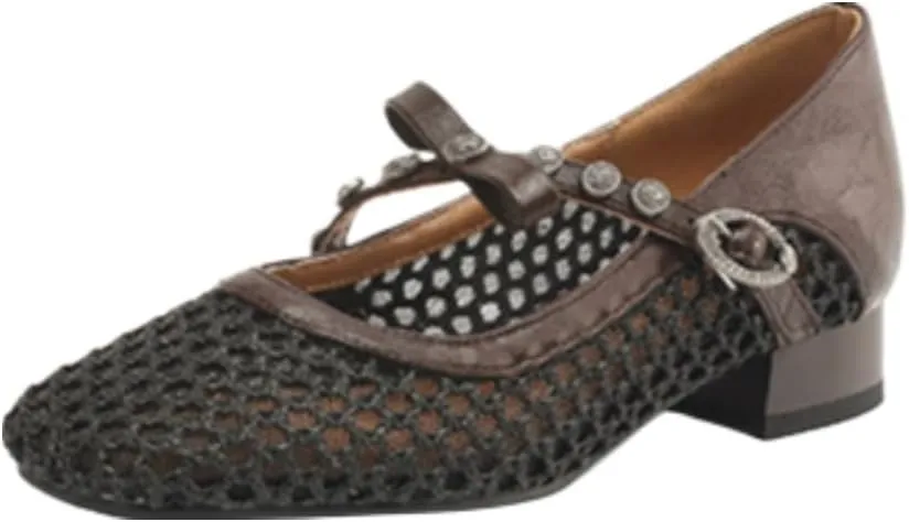 Mesh Ballet Flats for Women Mesh Mary Jane Flats Slip on Ballerina Shoes Clear Hollow Sandals No Slip Low Heel Square Toes Breathable Lightweight Bow Straps Comfort Wear Pumps Office Party Vacation