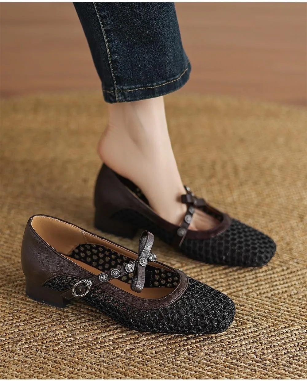 Mesh Ballet Flats for Women Mesh Mary Jane Flats Slip on Ballerina Shoes Clear Hollow Sandals No Slip Low Heel Square Toes Breathable Lightweight Bow Straps Comfort Wear Pumps Office Party Vacation