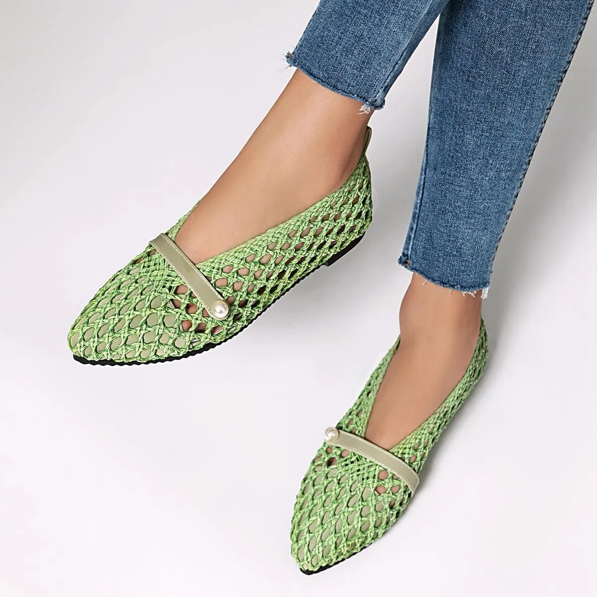 Mesh Ballet Flats With Strap Buckle Braided Leather Flats Mary Jane Shoes Dress Office Party Summer Travel Handcrafted Laced Sandals For Women