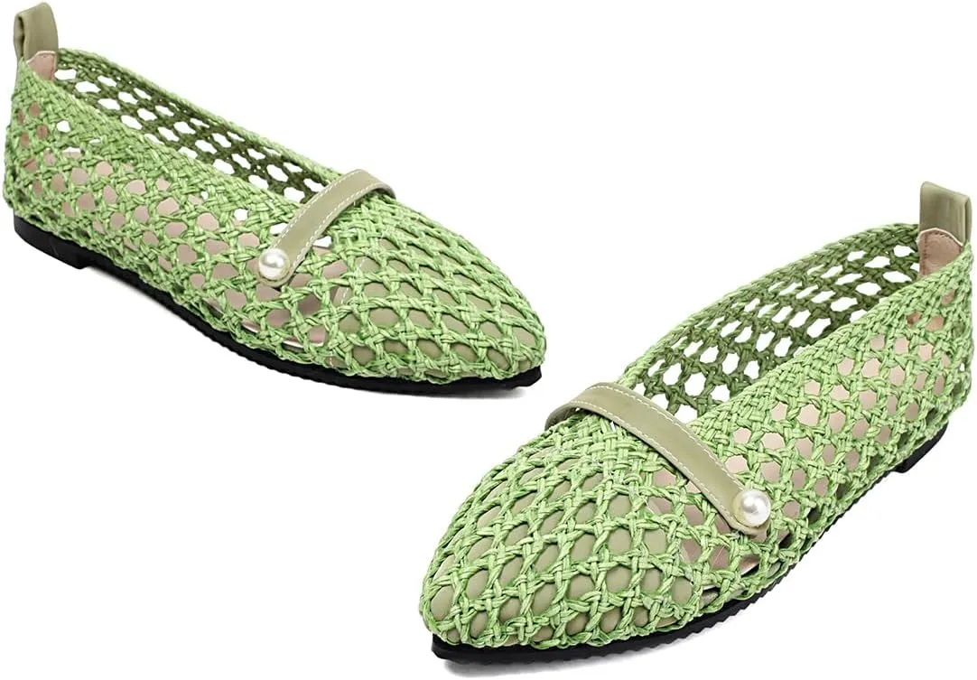 Mesh Ballet Flats With Strap Buckle Braided Leather Flats Mary Jane Shoes Dress Office Party Summer Travel Handcrafted Laced Sandals For Women