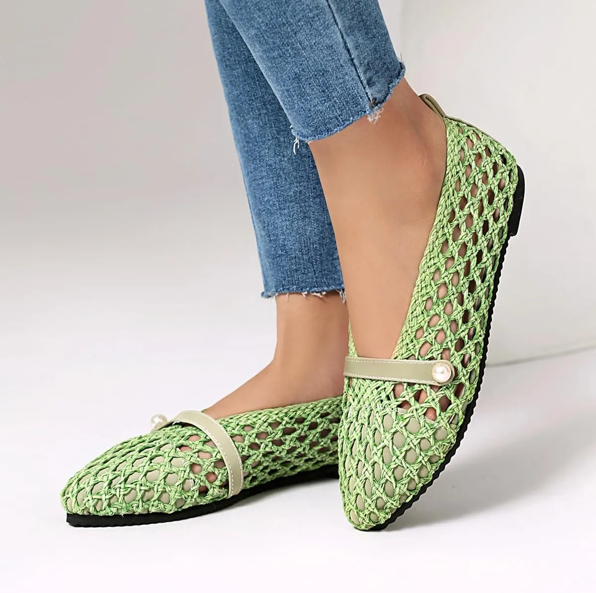 Mesh Ballet Flats With Strap Buckle Braided Leather Flats Mary Jane Shoes Dress Office Party Summer Travel Handcrafted Laced Sandals For Women