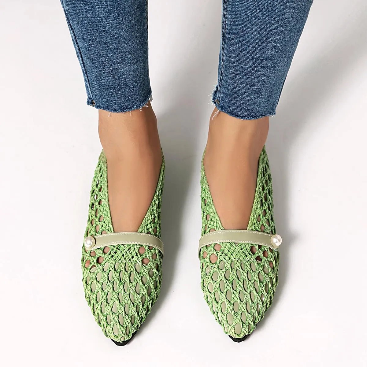 Mesh Ballet Flats With Strap Buckle Braided Leather Flats Mary Jane Shoes Dress Office Party Summer Travel Handcrafted Laced Sandals For Women