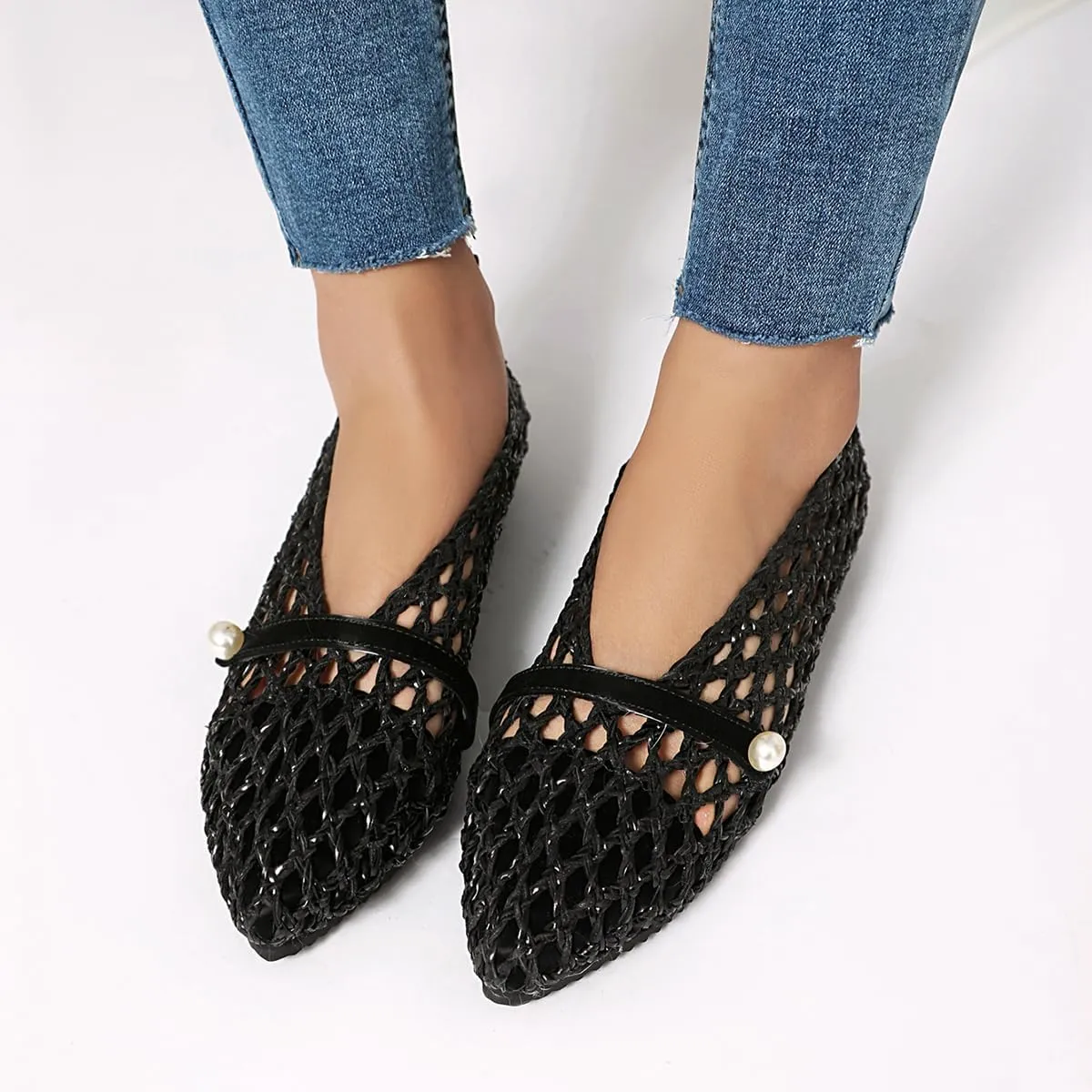 Mesh Ballet Flats With Strap Buckle Braided Leather Flats Mary Jane Shoes Dress Office Party Summer Travel Handcrafted Laced Sandals For Women