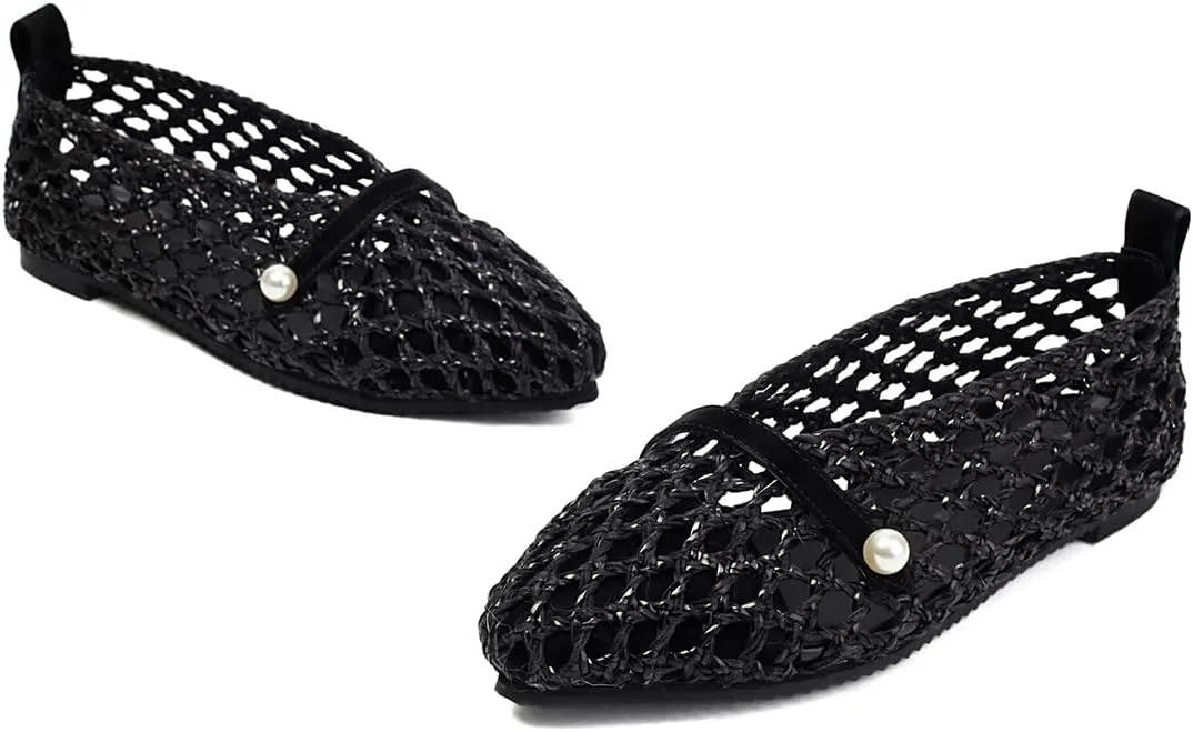 Mesh Ballet Flats With Strap Buckle Braided Leather Flats Mary Jane Shoes Dress Office Party Summer Travel Handcrafted Laced Sandals For Women