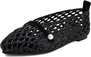 Mesh Ballet Flats With Strap Buckle Braided Leather Flats Mary Jane Shoes Dress Office Party Summer Travel Handcrafted Laced Sandals For Women