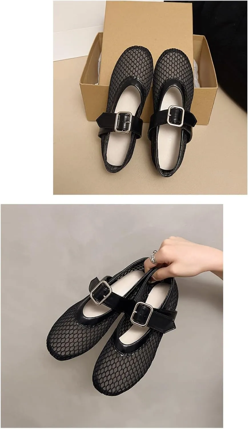 Mesh Mary Jane Flats for Women Mesh Ballet Flats Clear Hollow Sandals Slip on House Slippers Dressy Ballerina Shoes Buckle Strap Lightweight Round Toes Breathable Comfort Beach Slides Outdoor Indoor