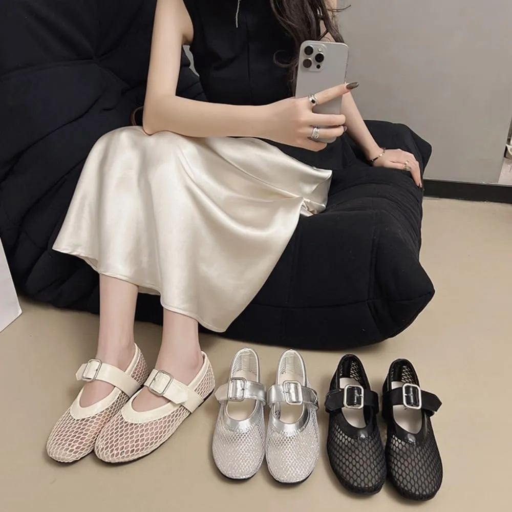 Mesh Mary Jane Flats for Women Mesh Ballet Flats Clear Hollow Sandals Slip on House Slippers Dressy Ballerina Shoes Buckle Strap Lightweight Round Toes Breathable Comfort Beach Slides Outdoor Indoor