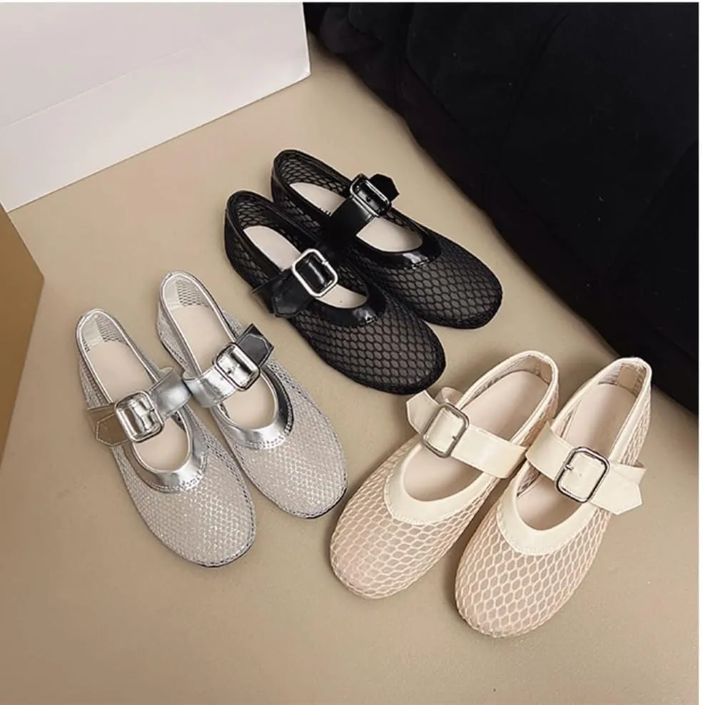 Mesh Mary Jane Flats for Women Mesh Ballet Flats Clear Hollow Sandals Slip on House Slippers Dressy Ballerina Shoes Buckle Strap Lightweight Round Toes Breathable Comfort Beach Slides Outdoor Indoor