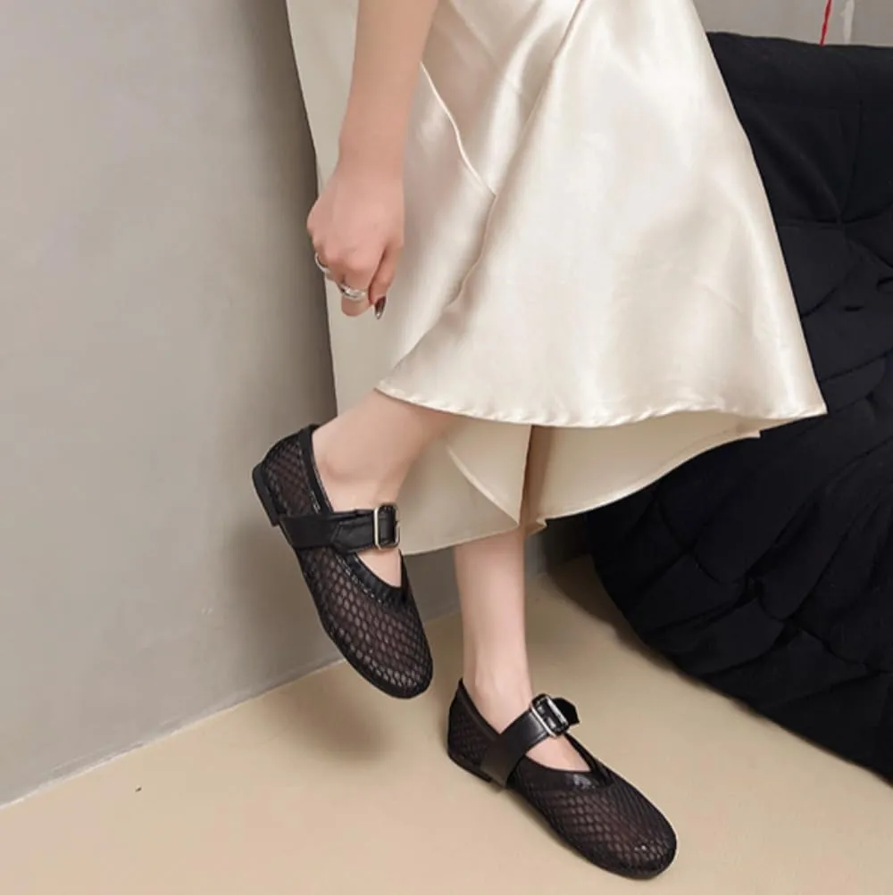 Mesh Mary Jane Flats for Women Mesh Ballet Flats Clear Hollow Sandals Slip on House Slippers Dressy Ballerina Shoes Buckle Strap Lightweight Round Toes Breathable Comfort Beach Slides Outdoor Indoor