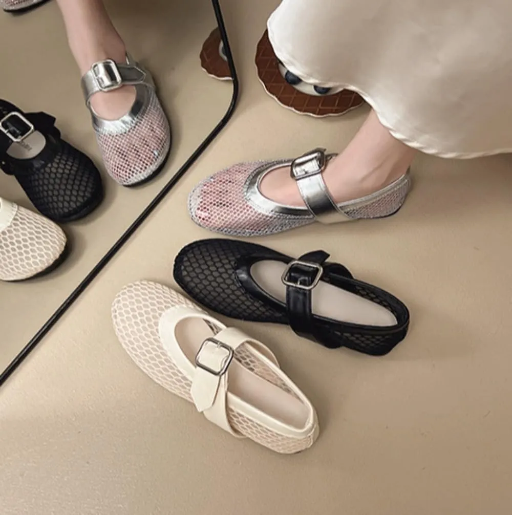 Mesh Mary Jane Flats for Women Mesh Ballet Flats Clear Hollow Sandals Slip on House Slippers Dressy Ballerina Shoes Buckle Strap Lightweight Round Toes Breathable Comfort Beach Slides Outdoor Indoor