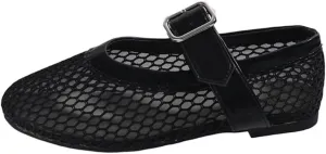 Mesh Mary Jane Flats for Women Mesh Ballet Flats Clear Hollow Sandals Slip on House Slippers Dressy Ballerina Shoes Buckle Strap Lightweight Round Toes Breathable Comfort Beach Slides Outdoor Indoor