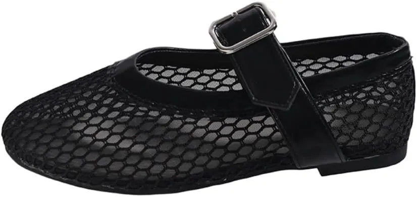 Mesh Mary Jane Flats for Women Mesh Ballet Flats Clear Hollow Sandals Slip on House Slippers Dressy Ballerina Shoes Buckle Strap Lightweight Round Toes Breathable Comfort Beach Slides Outdoor Indoor
