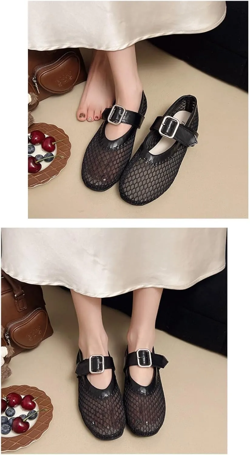 Mesh Mary Jane Flats for Women Mesh Ballet Flats Clear Hollow Sandals Slip on House Slippers Dressy Ballerina Shoes Buckle Strap Lightweight Round Toes Breathable Comfort Beach Slides Outdoor Indoor