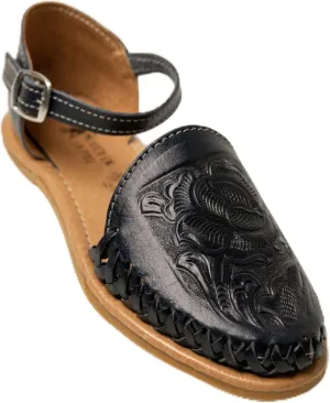 Mexico en la Piel Handmade Leather Flat Sandals for Women - Available in Purple Roman Style and Blue Buckle Style, Floral Die-Cut Design, Comfortable and Casual