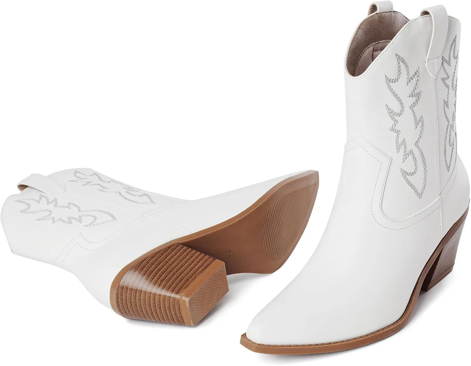 Mostrin Women's Embroidered Western Cowgirl Boots, Blue Denim, Block Heel, Pointed Toe, Pull-On, Mid-Calf Booties, Size 6-11.5