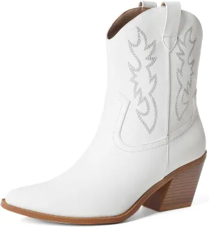 Mostrin Women's Embroidered Western Cowgirl Boots, Blue Denim, Block Heel, Pointed Toe, Pull-On, Mid-Calf Booties, Size 6-11.5