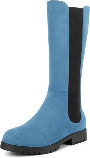 MOVINSTEPS Womens Suede Formal Work Zip Round Toe Solid Chunky Low Heel Knee High Boots 1 Inch