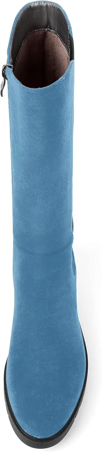 MOVINSTEPS Womens Suede Formal Work Zip Round Toe Solid Chunky Low Heel Knee High Boots 1 Inch