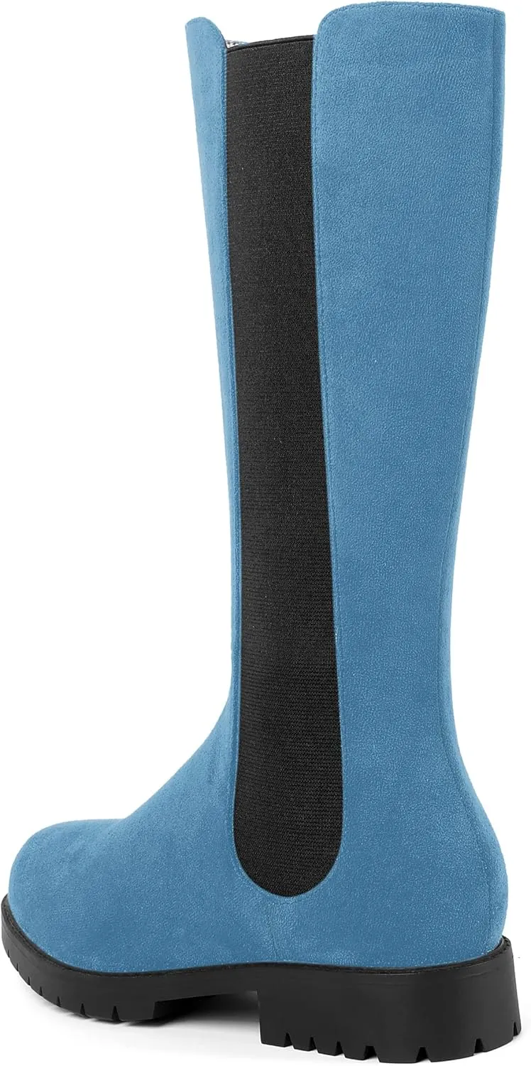 MOVINSTEPS Womens Suede Formal Work Zip Round Toe Solid Chunky Low Heel Knee High Boots 1 Inch