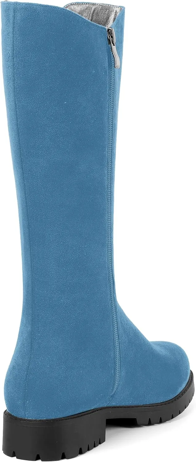 MOVINSTEPS Womens Suede Formal Work Zip Round Toe Solid Chunky Low Heel Knee High Boots 1 Inch