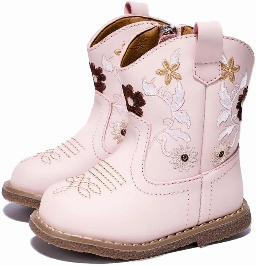Newsonet Baby Cowboy Cowgirl Boots Western First Walker Shoes Boys Girls Round Toe Boots Winter All Seasons 6-24 Months Infant Toddler