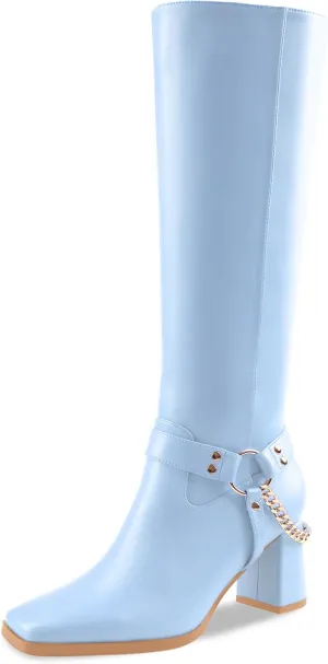 Oh Mispares Knee High Boots Slim Calf Square Toe Chunky Heel Narrow Calves Boots for Women Skinny Legs - Faux Leather Fall Winter Dress Riding Moto Tall 3 Inches Heels Boots for Girls