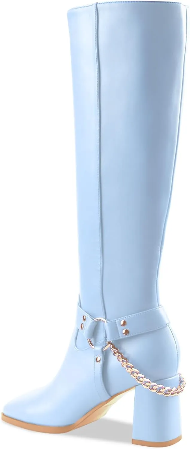 Oh Mispares Knee High Boots Slim Calf Square Toe Chunky Heel Narrow Calves Boots for Women Skinny Legs - Faux Leather Fall Winter Dress Riding Moto Tall 3 Inches Heels Boots for Girls
