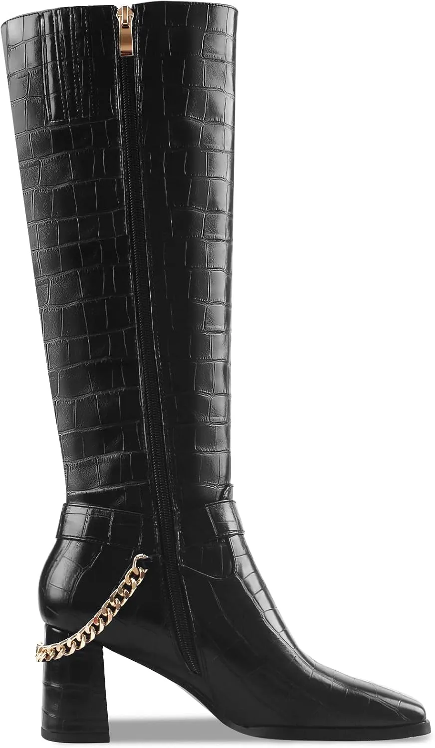 Oh Mispares Knee High Boots Slim Calf Square Toe Chunky Heel Narrow Calves Boots for Women Skinny Legs - Faux Leather Fall Winter Dress Riding Moto Tall 3 Inches Heels Boots for Girls