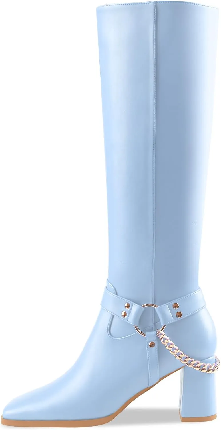 Oh Mispares Knee High Boots Slim Calf Square Toe Chunky Heel Narrow Calves Boots for Women Skinny Legs - Faux Leather Fall Winter Dress Riding Moto Tall 3 Inches Heels Boots for Girls
