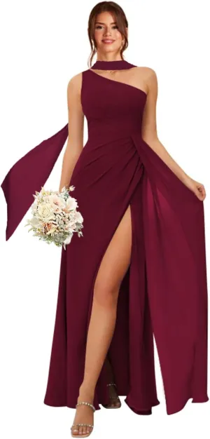 One Shoulder Bridesmaid Dresses for Women Long Ruched Chiffon A Line Formal Evening Dress with Slit KY001