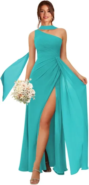 One Shoulder Bridesmaid Dresses for Women Long Ruched Chiffon A Line Formal Evening Dress with Slit KY001